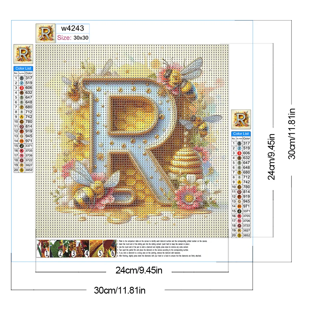 Full Round Diamond Painting 30*30cm - Bee Letter R