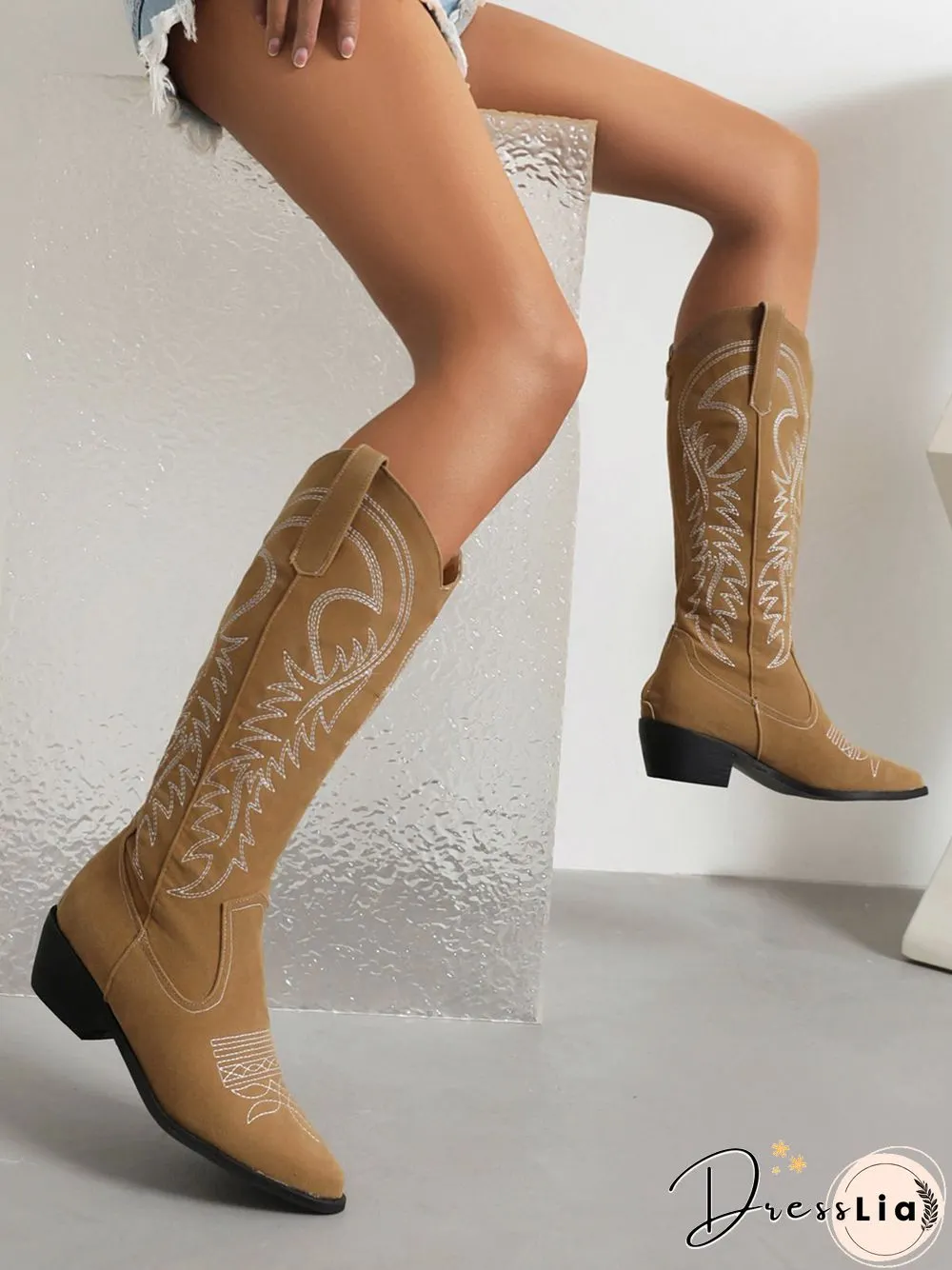 Embroidered Panel Plush Warm Pointed-Toe Cowboy Boots
