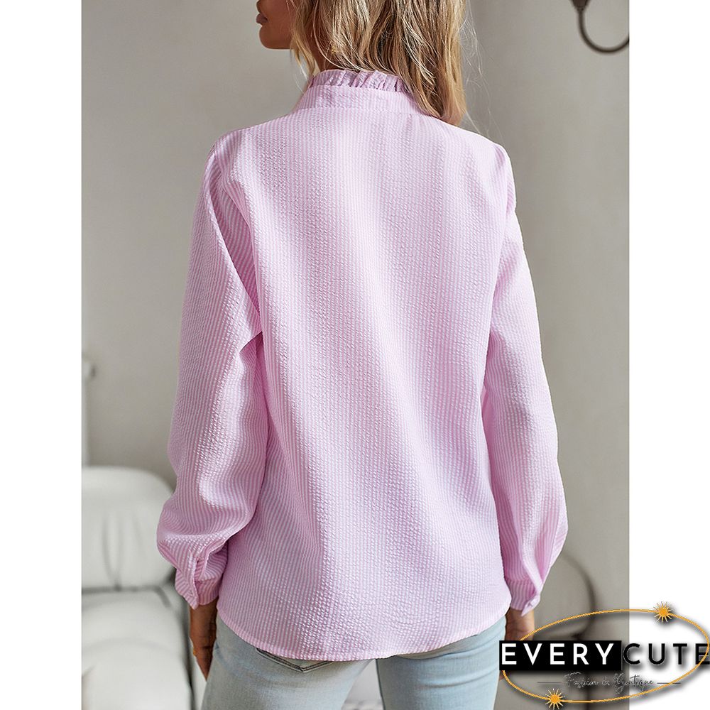 Pink Ruffle Detail Button Long Sleeve Shirt