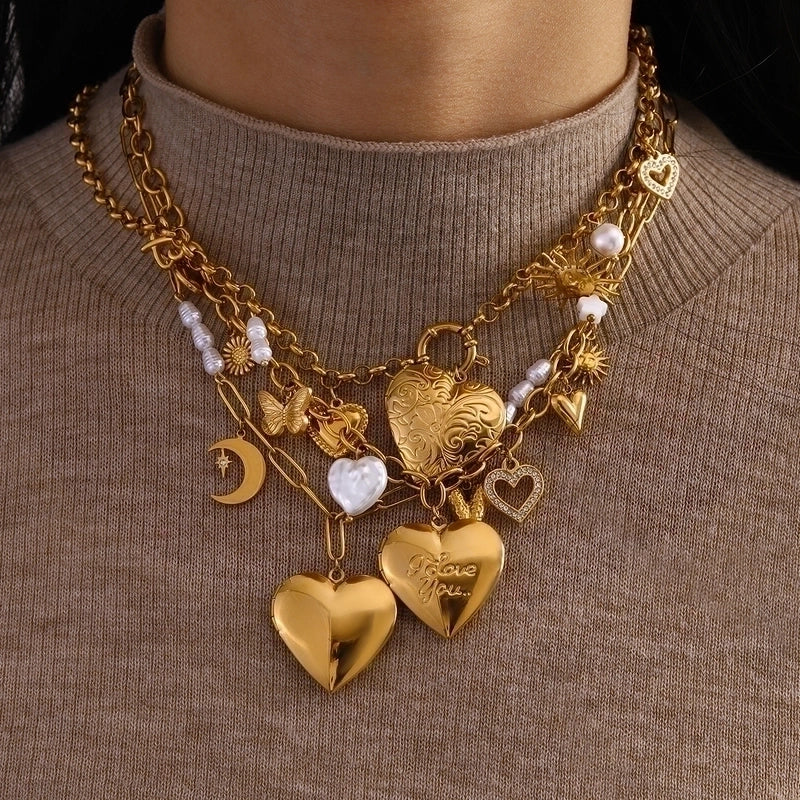 Minimalist Classic Style Sun Heart Shape Butterfly 304 Stainless Steel Zircon 18K Gold Plated Pearl Inlay Multi Charms Necklace