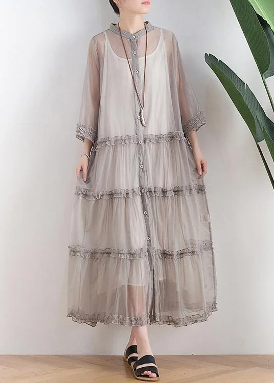 Casual Grey Button O-Neck Ankle Summer Chiffon Dress