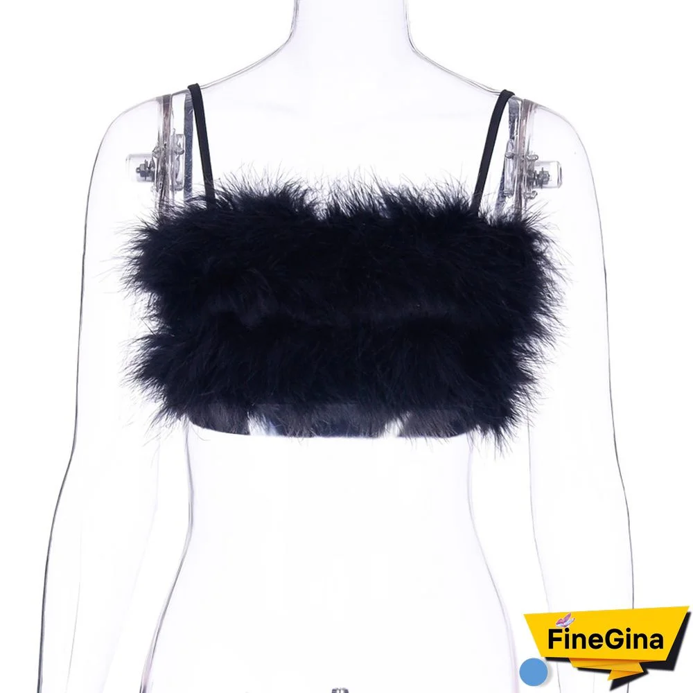 Sexy Womens T-Shirt Faux Fur Tank Tops Spaghetti Strap Crop Summer Camisole Tight Sleeveless Tube Top Vest Streetwear