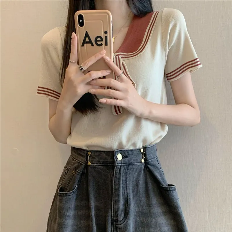 Uveng Uveng Style Doll Collar T-Shirt For Women's Summer New Sweet Spicy Head Short-Shoeed Sexy Ins Short-Sleeved Top