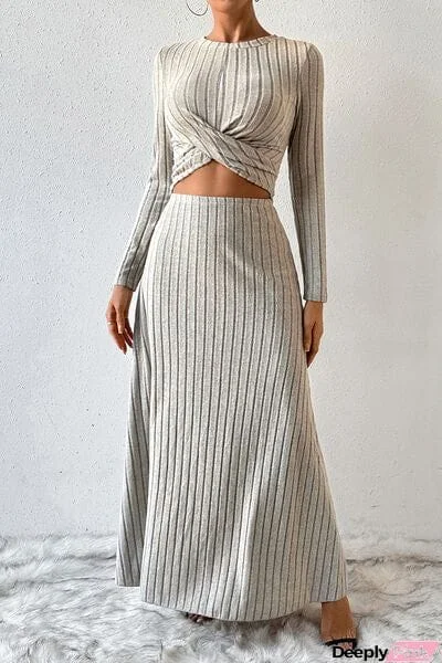 Ribbed Round Neck Top and Skirt Set