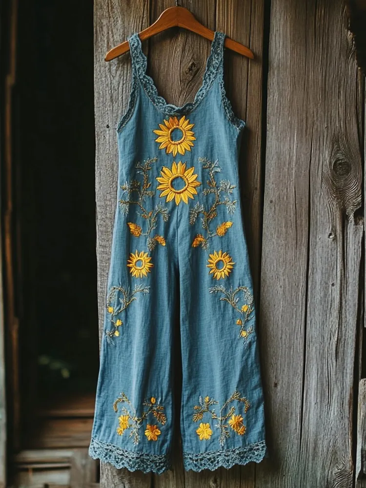 Sunflowers Embroidered Lace Patchwork Linen Blend Jumpsuit