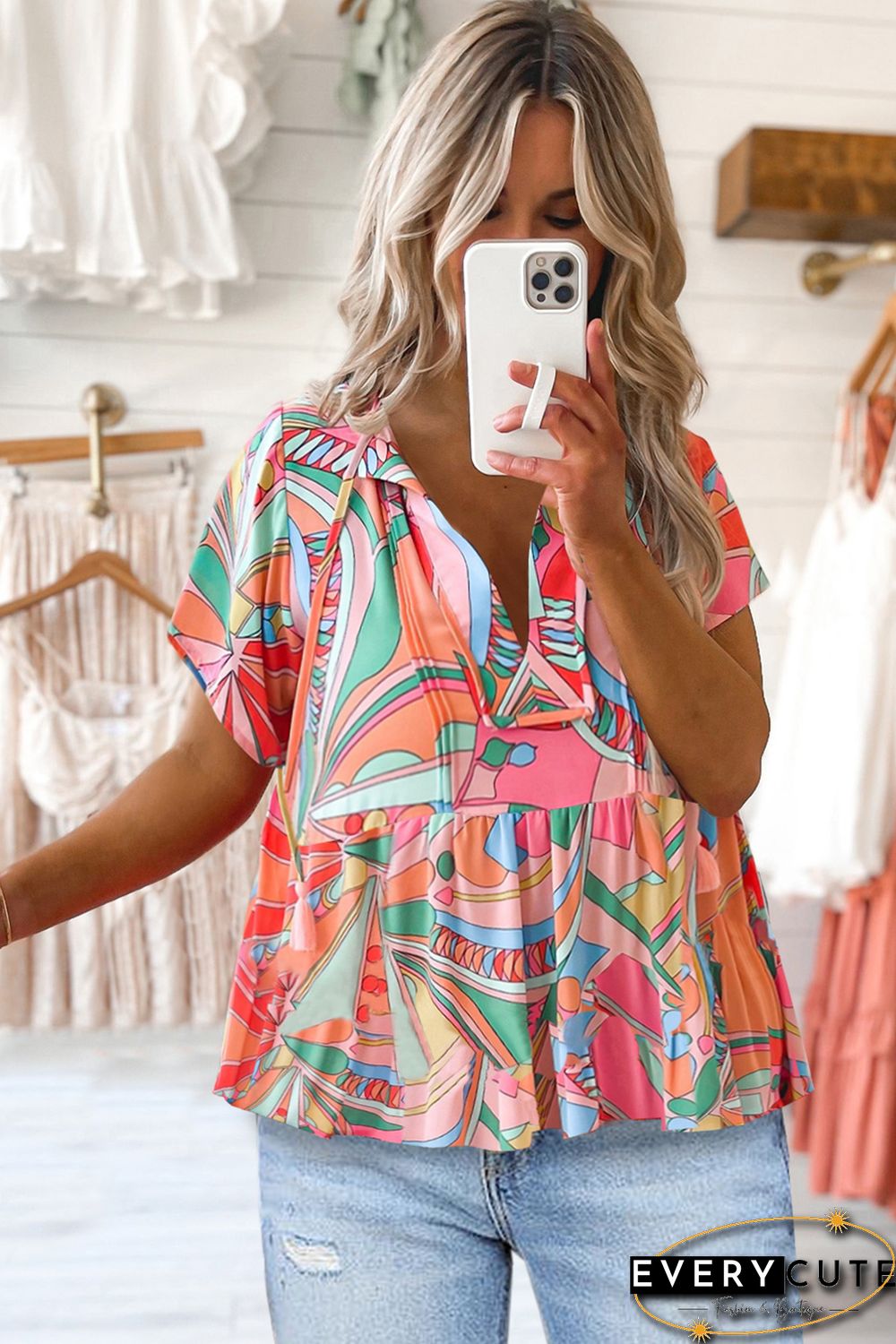 Multicolor Boho Abstract Pattern Split V Neck Flowy Blouse