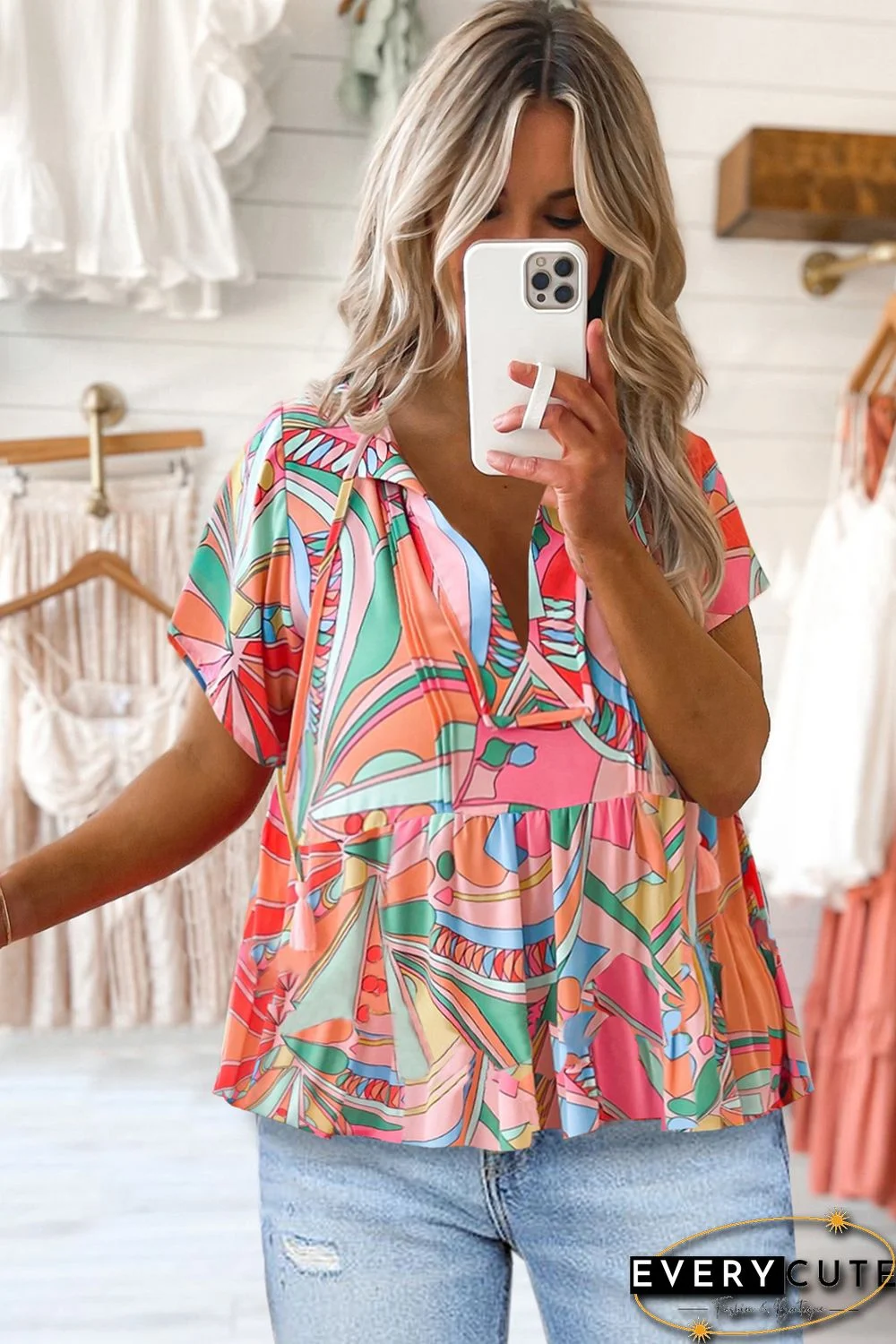 Multicolor Boho Abstract Pattern Split V Neck Flowy Blouse