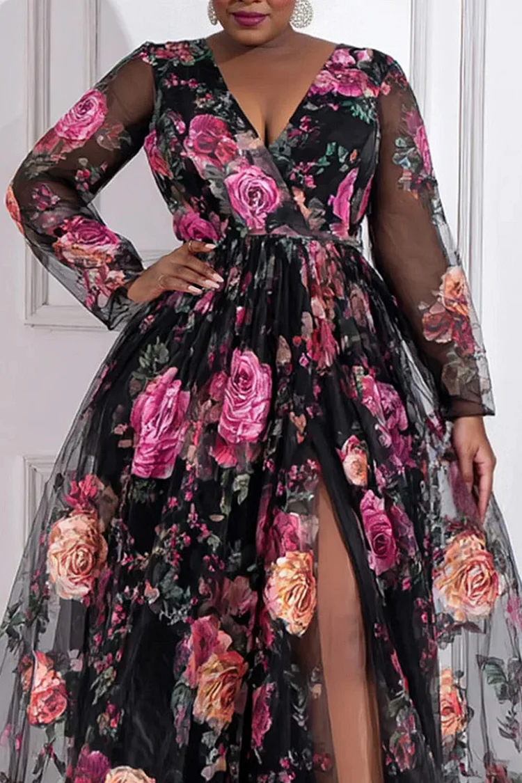 Xpluswear Design Plus Size Formal Black Floral Wrap Neck Split Vintage Tulle Maxi Dresses [Pre-Order]