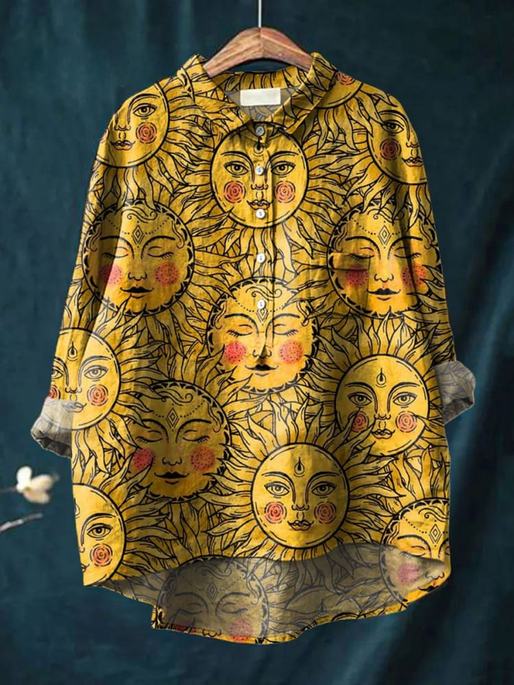 Vintage Lovely Sun Art Print Casual Cotton And Linen Shirt