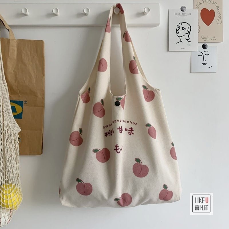 2021 Fashion Canvas Tote Bag Purses and Handbags for Women Shopper Cute Designer Shoulder Bag Japanese Style Peach Print Eco Bag