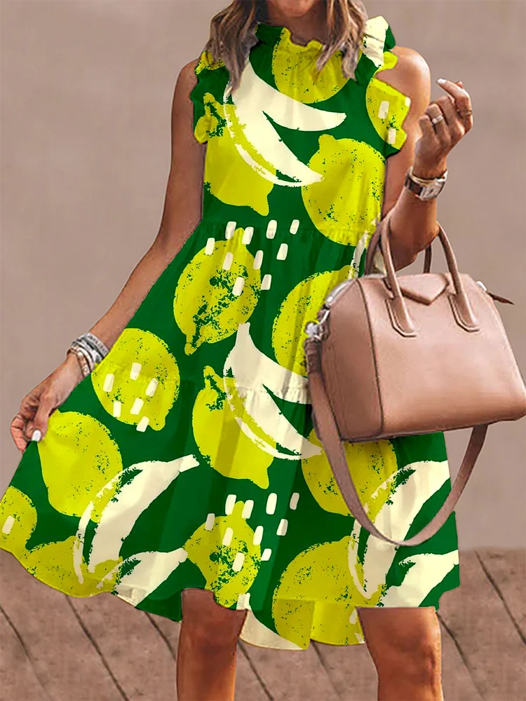 Women's Lemon Banana Patchwork Print Sleeveless Dress socialshop
