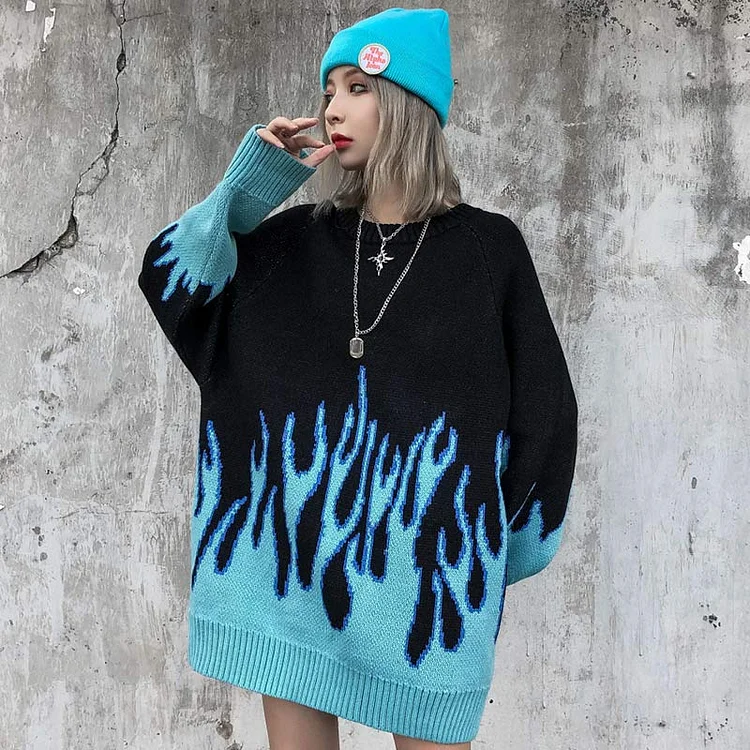 Girlfriend Boyfriend Colorblock Flame Print Sweater - Modakawa modakawa