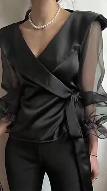 Elegant Plain Surplice Neck Long Sleeve Lace Up Blouse