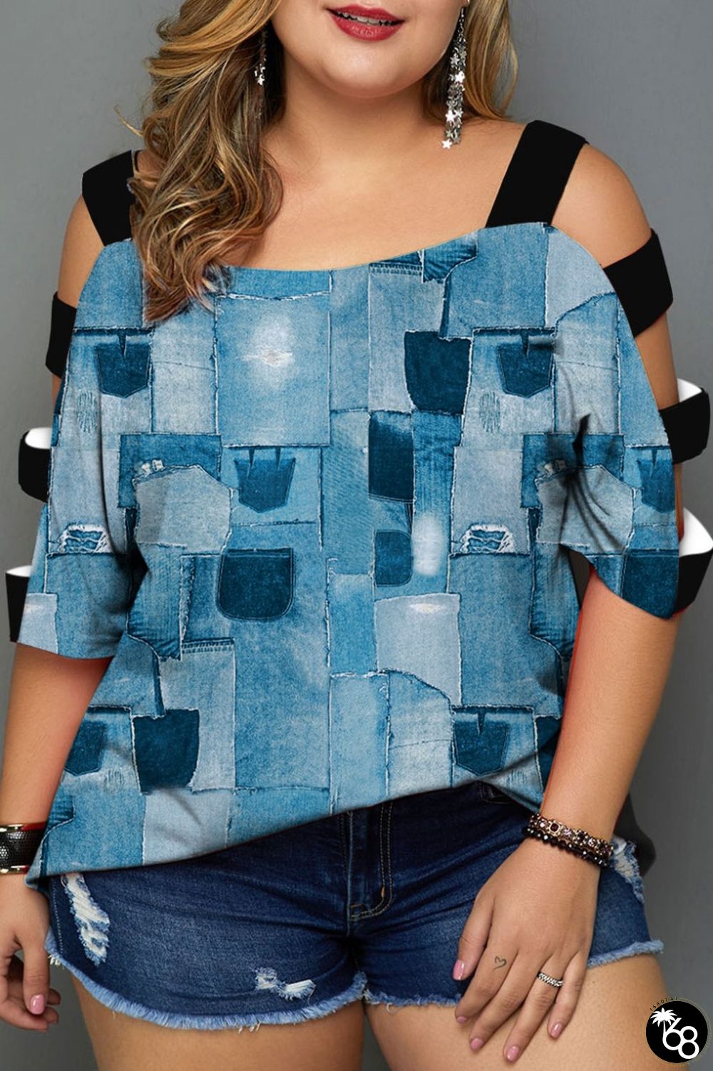 Plus Size Blue Casual Print Hollowed Out Patchwork O Neck T-Shirts | 168DEAL