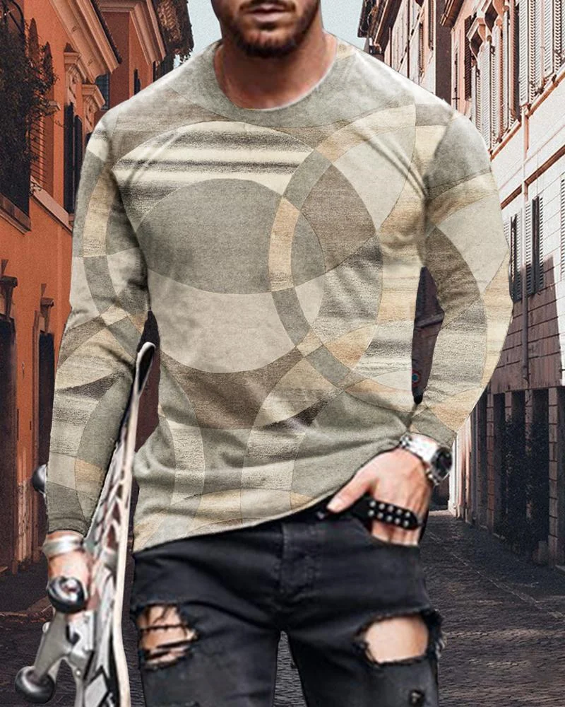 Men's Casual Smoky Grey Abstract Printing Long-sleeved T-shirt