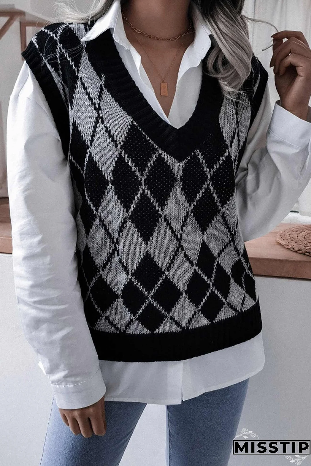 V Neck Checked Knit Tank Sweater