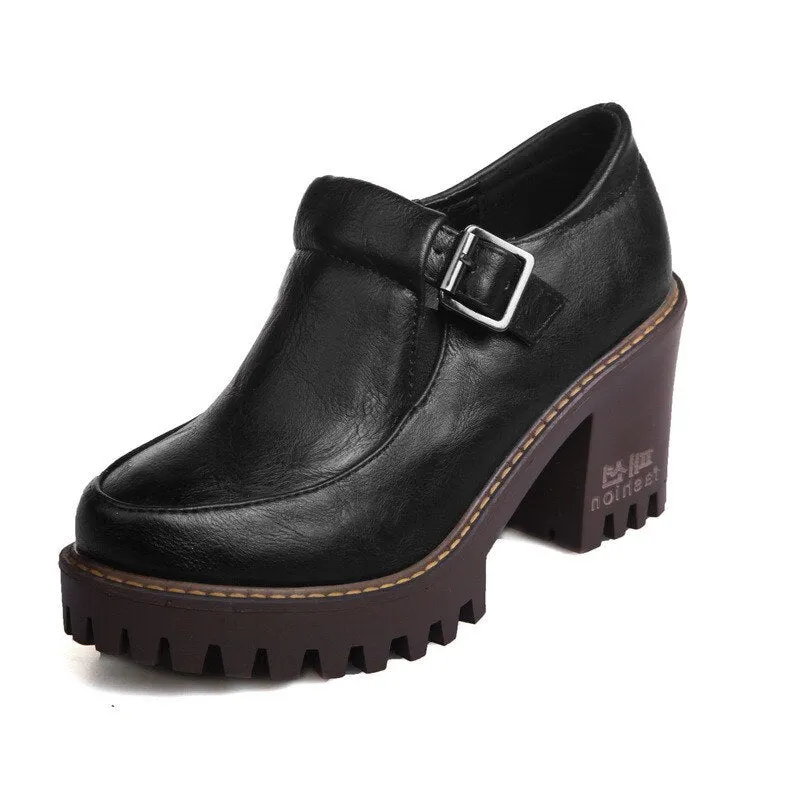 Gdgydh New 2021 Spring Platform Women Shoes On Heels British Style Single Shoes Round Toe Square Heels Ladies Pumps Large Size