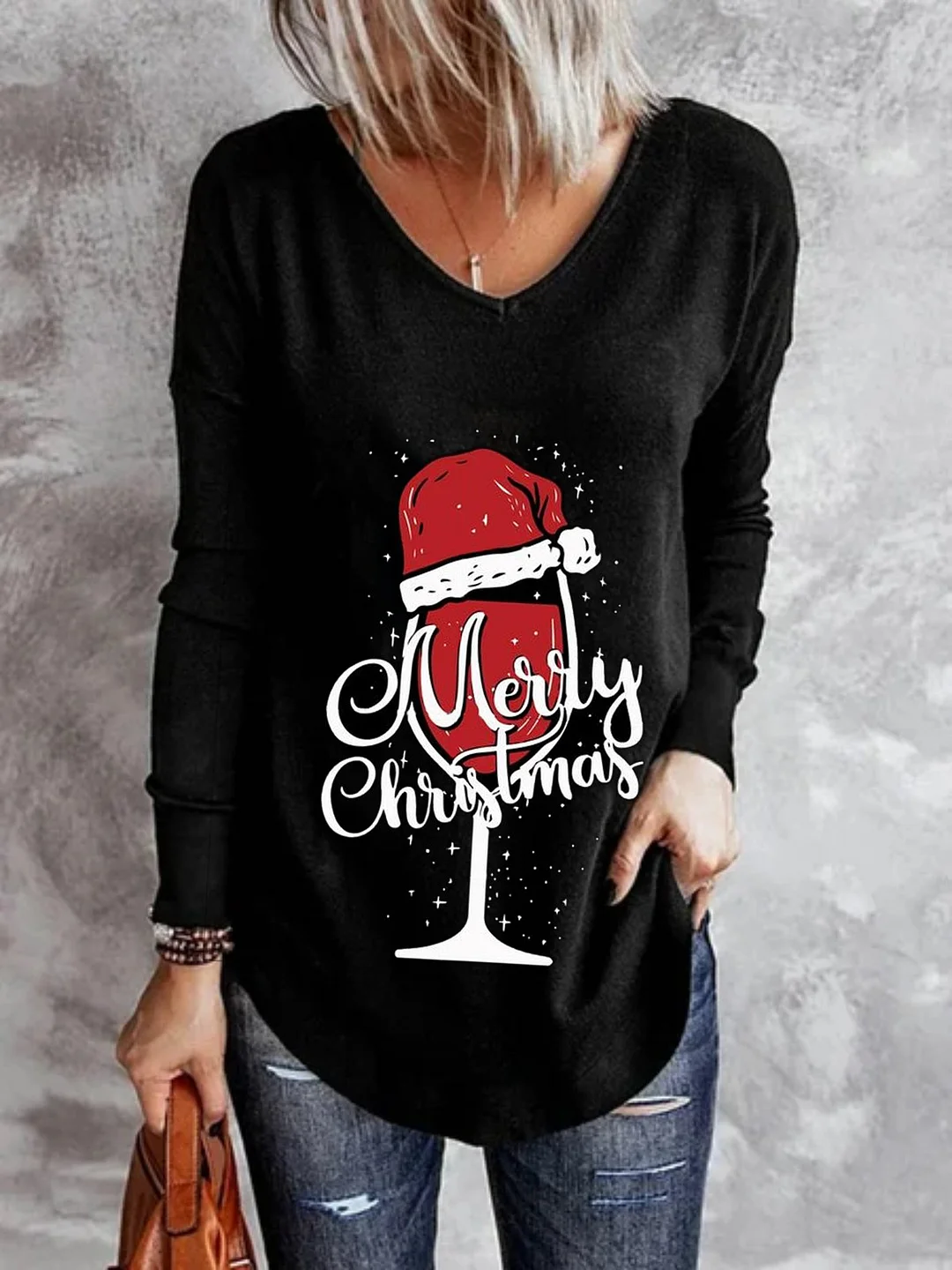 Christmas Xmas Long Sleeve V Neck Plus Size Printed Tops T-shirts