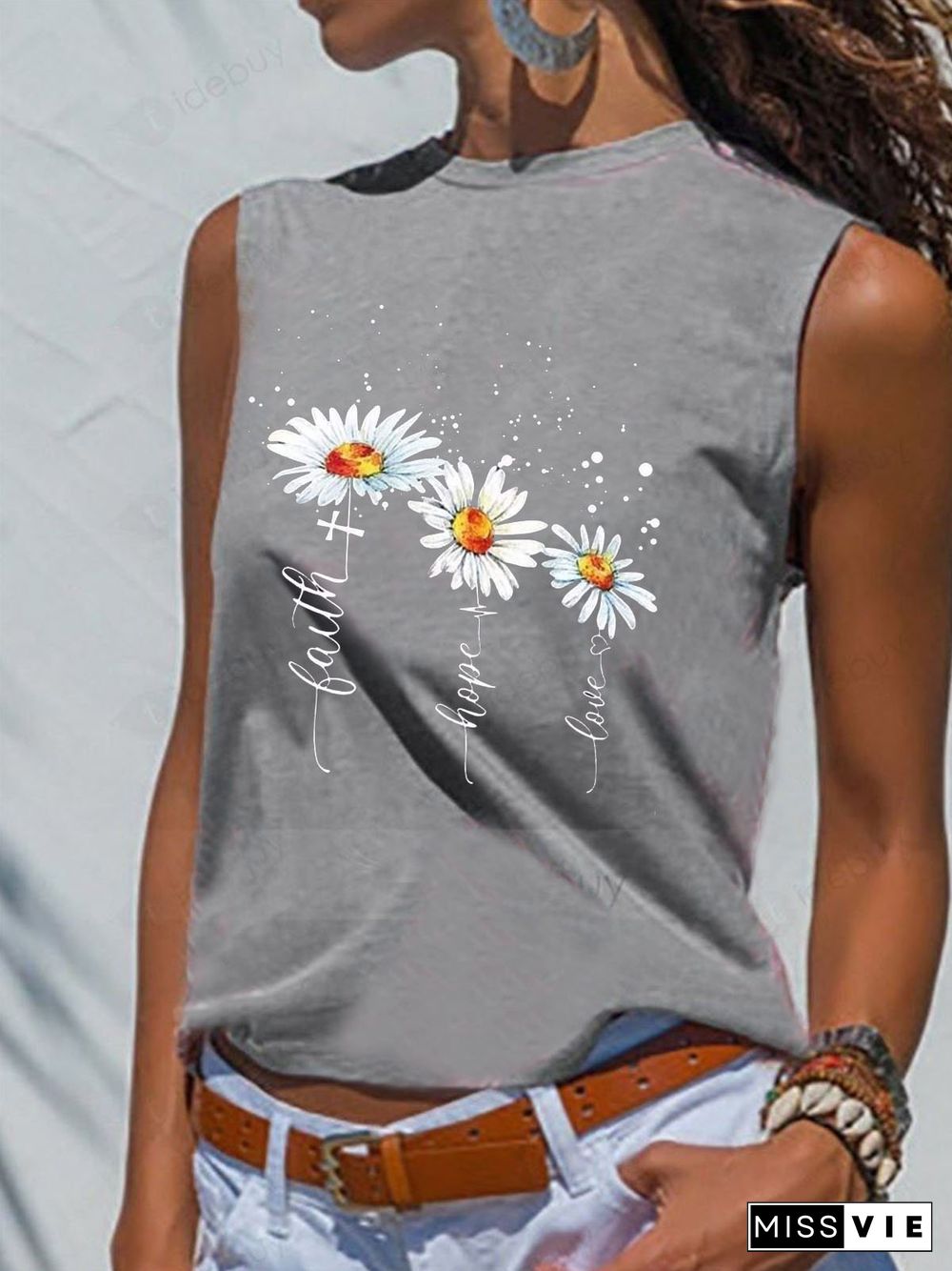Floral-Print Casual Sleeveless Floral T-shirt