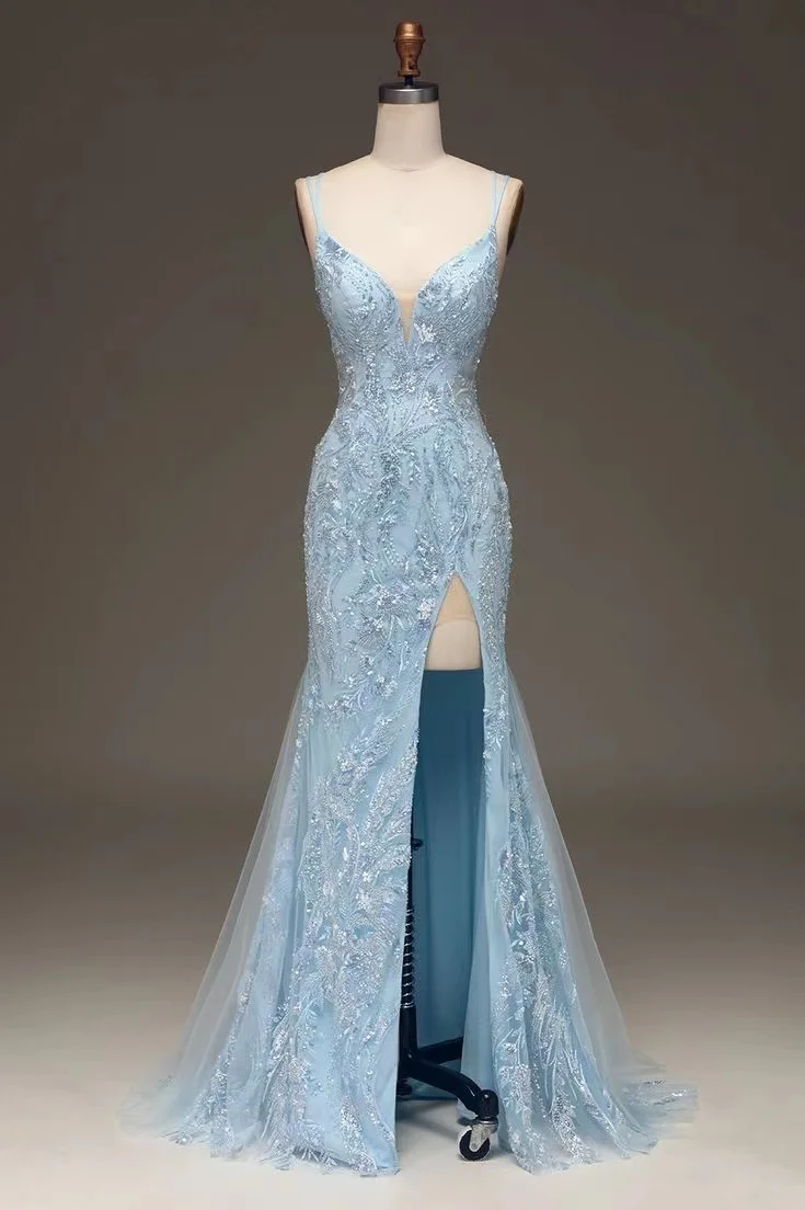 Miabel Sky Blue Sweetheart Applikation Split Prom Dress