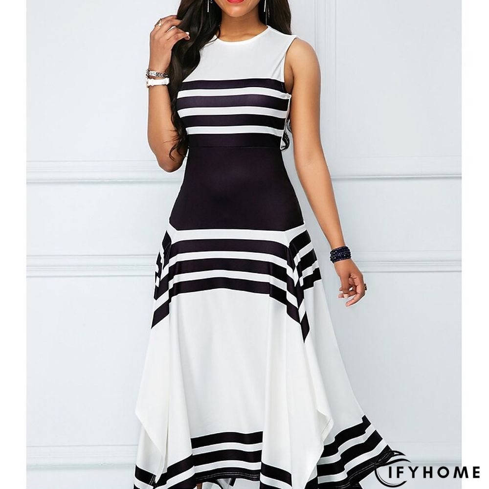 Women's Work Dress Midi Dress White collar stripes Black collar stripes Green Short Sleeve Color Block Print Spring Summer Crew Neck S M L XL XXL XXXL | IFYHOME