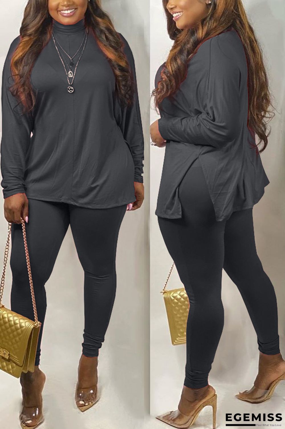 Black Fashion Casual Sportswear Long Sleeve Turtleneck Regular Sleeve Regular Solid Two Pieces | EGEMISS