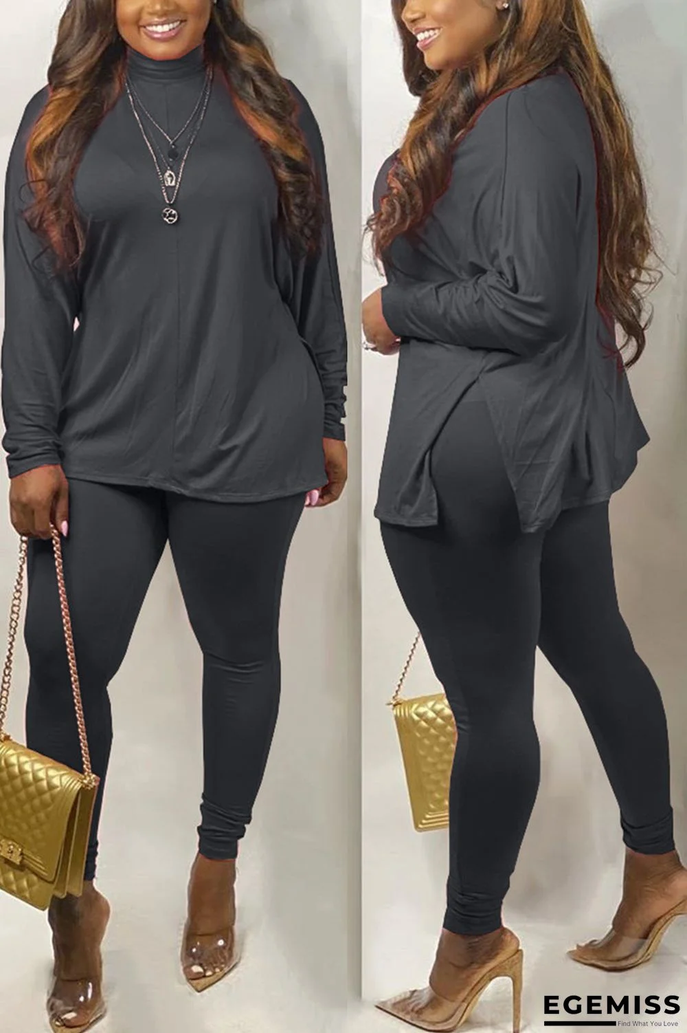 Black Fashion Casual Sportswear Long Sleeve Turtleneck Regular Sleeve Regular Solid Two Pieces | EGEMISS