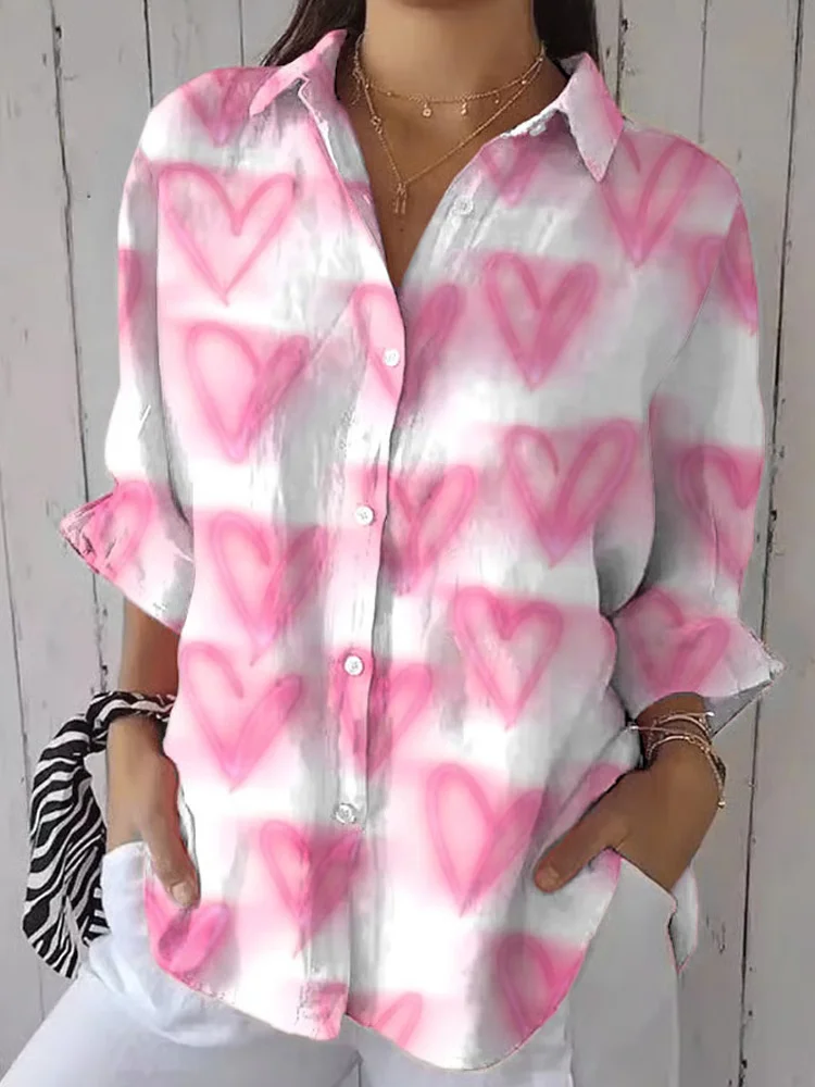 Women's Retro Pink Love Art Print Casual Shirt