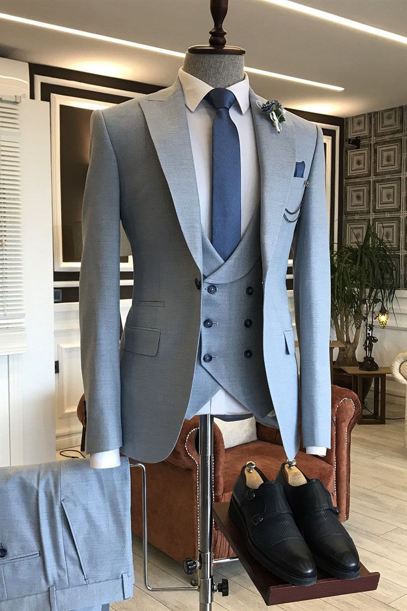 Oknass Simple Double Breasted Formal Bepoke Suit For Man Blue With 3 Pieces 