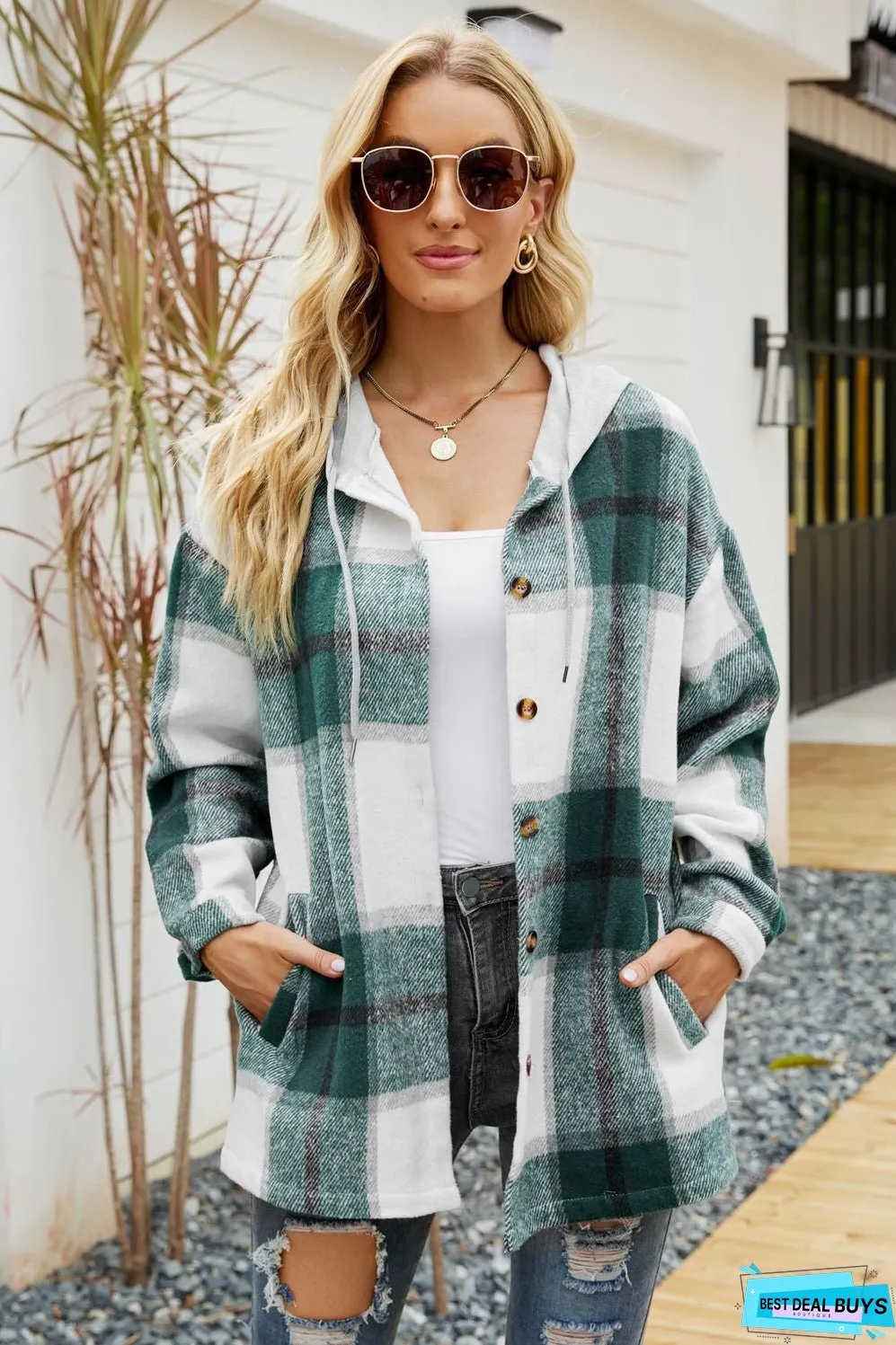 Drawstring Hooded Plaid Shacket Coat With Pocket