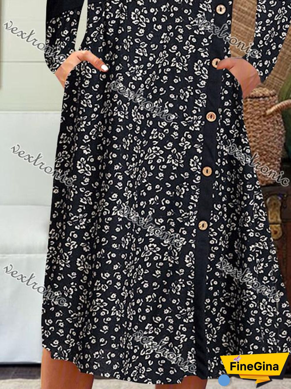 Women Long Sleeve Scoop Neck Printed Buttons Midi Dress