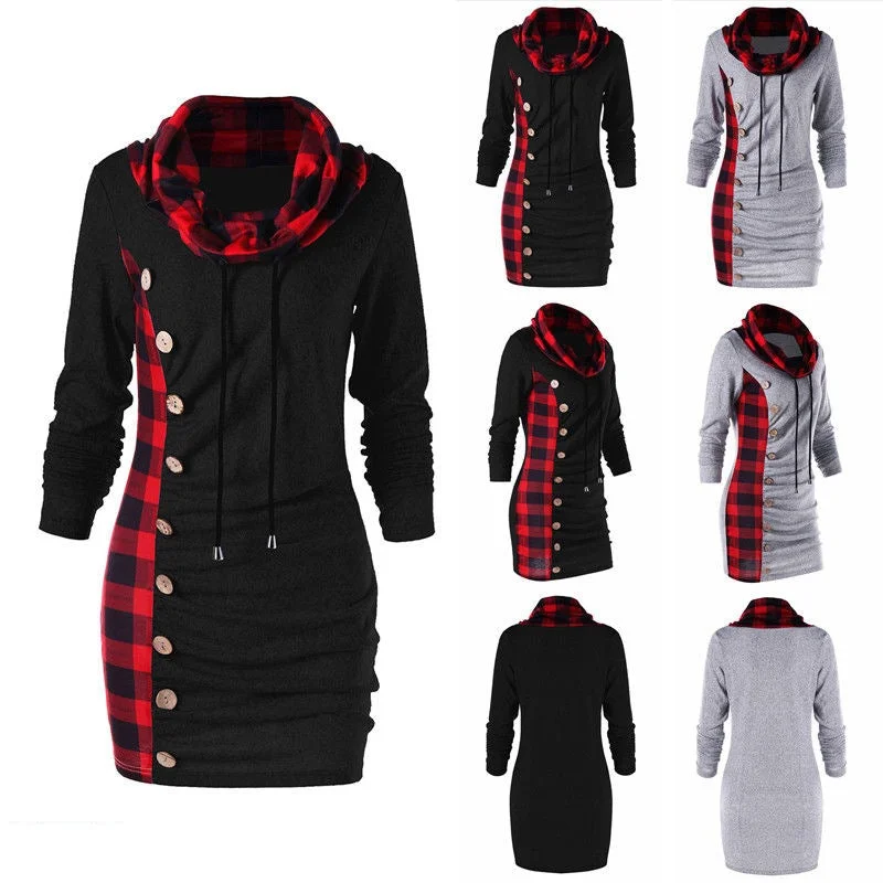 High-Neck Slim Plaid cCasual Dress Top