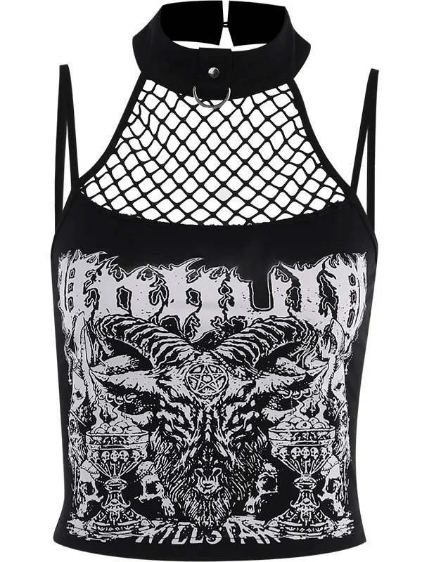 Gothic Dark Sleeveless Halter Cutout Printed Top