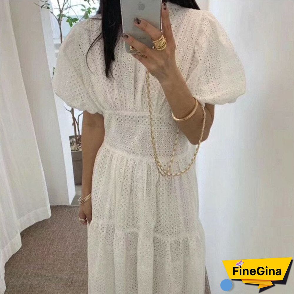 round neck solid color temperament hollow lace dress women