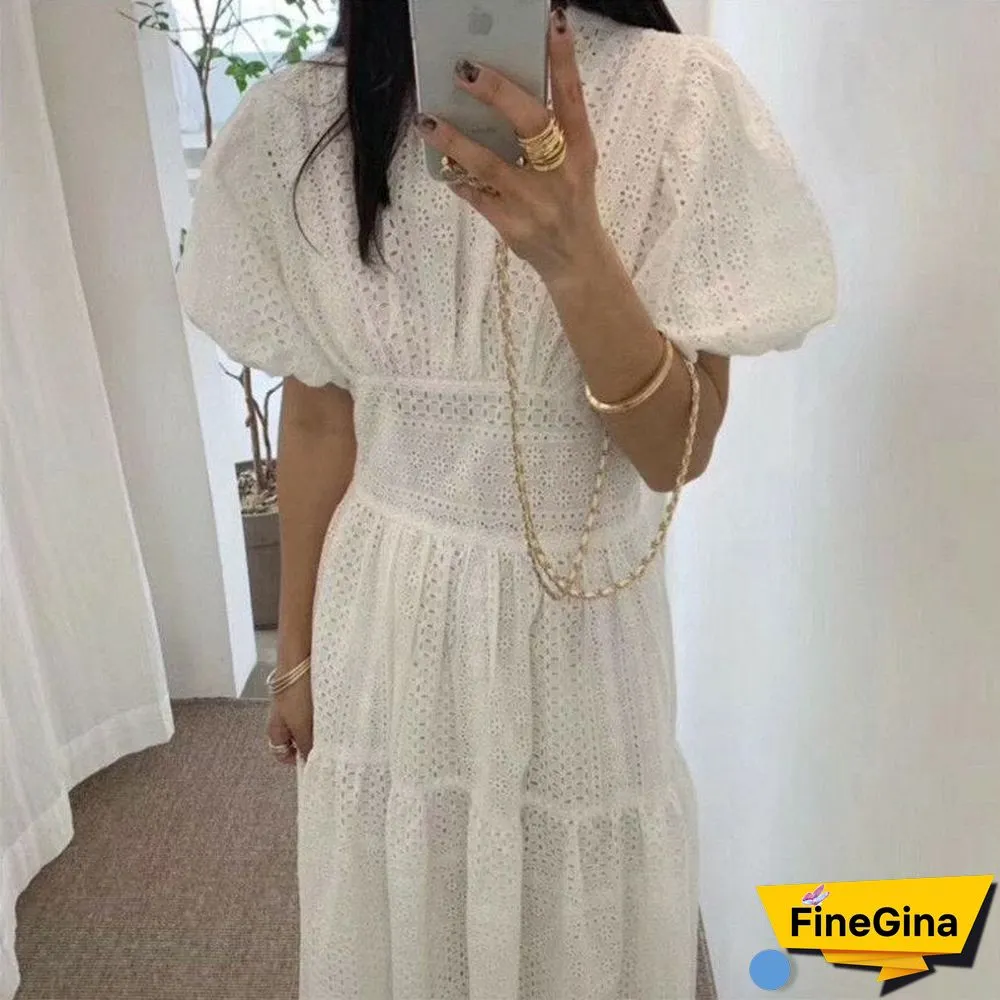 round neck solid color temperament hollow lace dress women