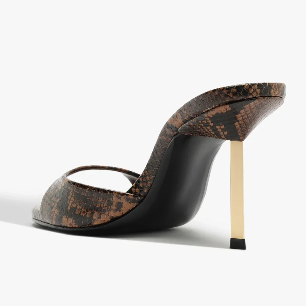 Brown & Black Open Round Toe Snake Print Slip On Heeled Mules