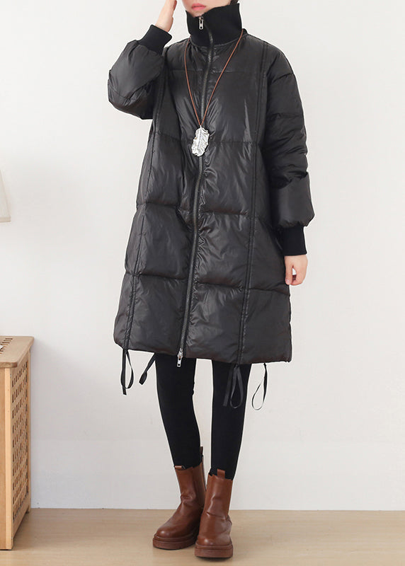 VCSHOES Black Stand Collar Drawstring Zippered Duck Down Long Down Coats Winter