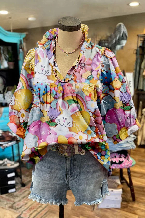 Cute Bunny Easter Egg Print Puff Sleeve Blouse
