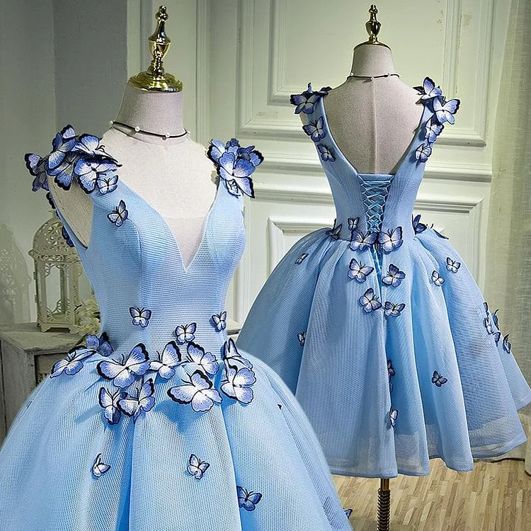 Light Blue Butterflies Fairy Fancy Dress V Neck Short Ball Gown Dress SP14750