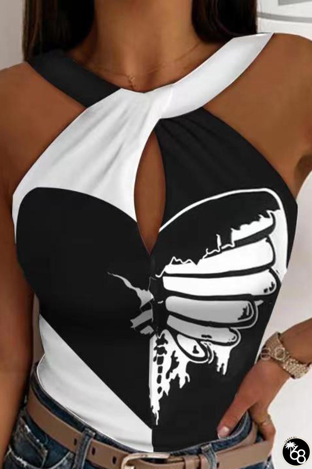 Black Sweet Print Hollowed Out Backless O Neck Tops | 168DEAL