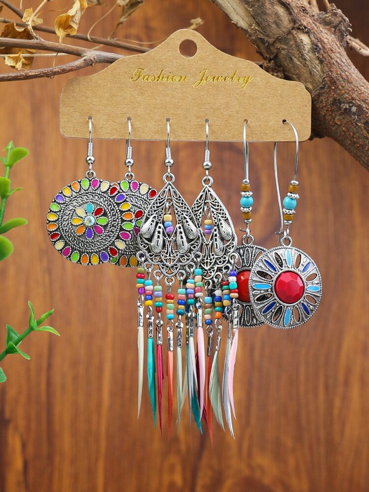 3pairs Bead Tassel Drop Earrings