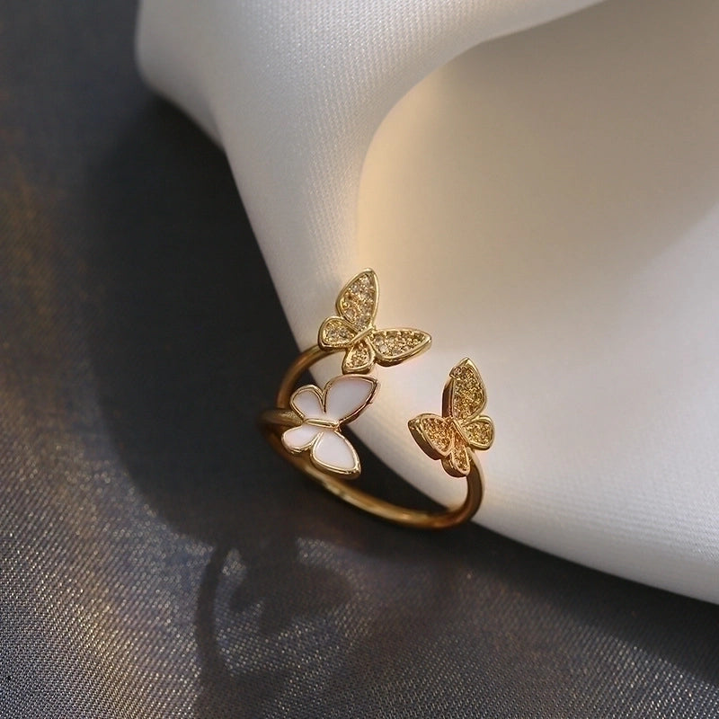 Copper 18K Gold Plated Sweet Plating Inlay Butterfly Zircon Open Ring