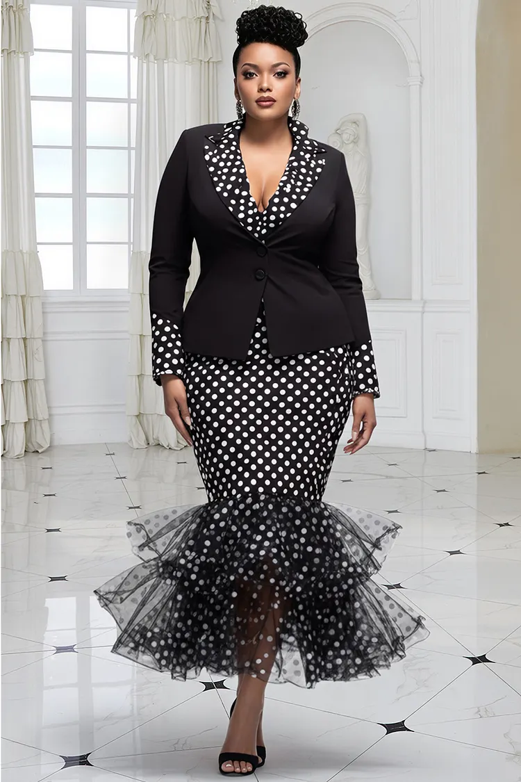 Xpluswear Design Plus Size Formal Black Polka Dot Lapel Collar Long Sleeve Mermaid Ruffle Tulle Two Piece Skirt Sets [Pre-Order] 2024 - Xpluswear