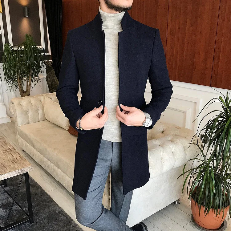 BrosWear Men's Solid Color Business Standing Collar Mid Length Coat