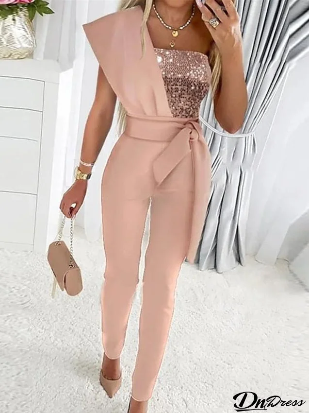 Women's Jumpsuit High Waist Sequin Gradient One Shoulder Elegant Party Bar Regular Fit Short Sleeve Black Blue Gold
