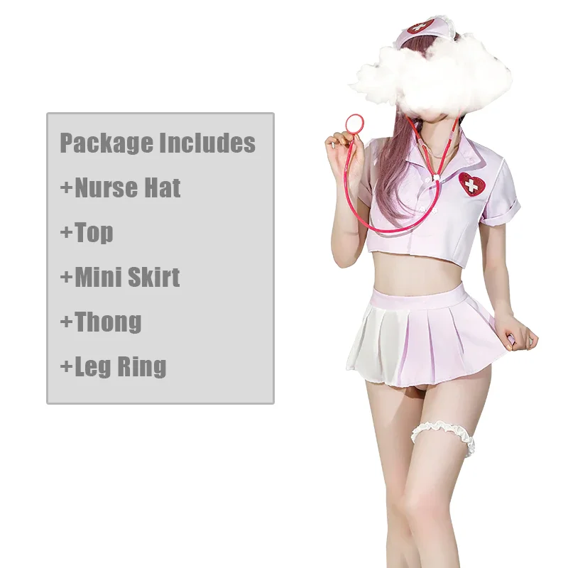 Billionm 2020 New Sexy Nurse Cosplay Costumes Pink Transparent Back Mini Skirt Stethoscope Slut Butt Adorable Lingerie Erotic Dress Sale