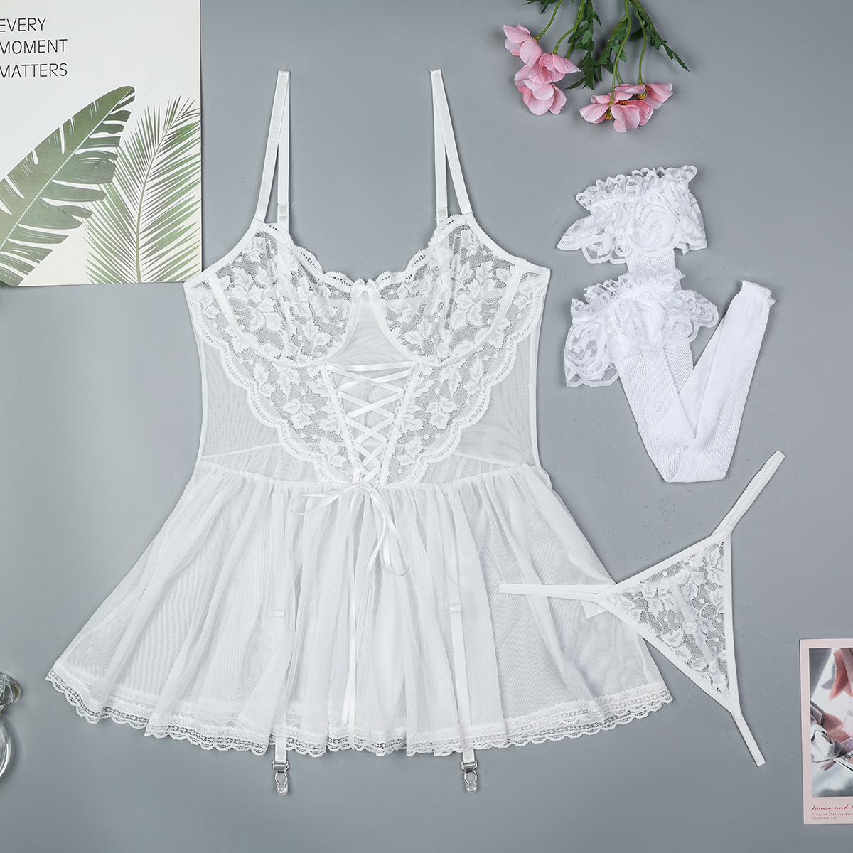 Lovingerie - Lace Band Cross Sexy Suspenders Mesh See-through Dress Suit