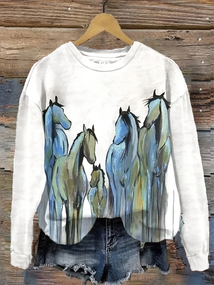 Horse Print Pullover Sweatshirt