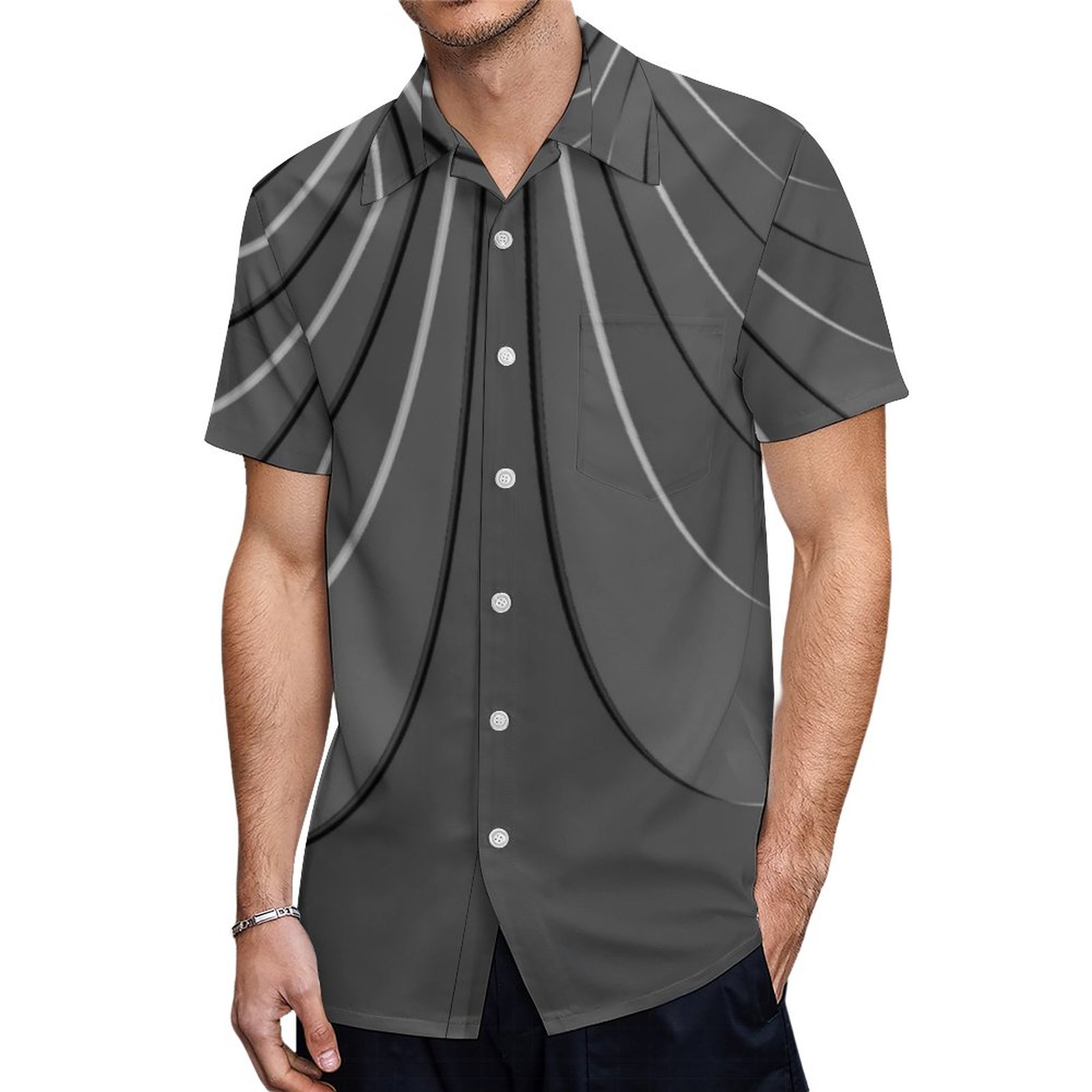 Modern Curves Lines Pattern Graphite Grey Color Hawaiian Shirt Mens Button Down Tropical Hawaii Beach Shirts