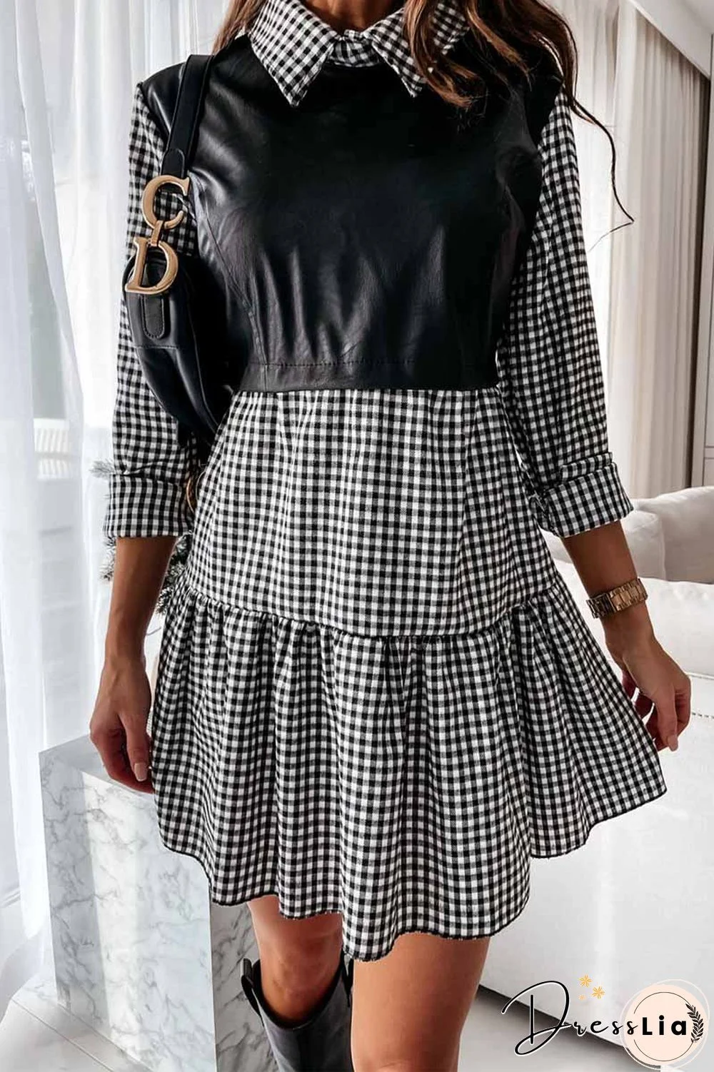 Shirt Skirt And Leather Stitching Mini Dress